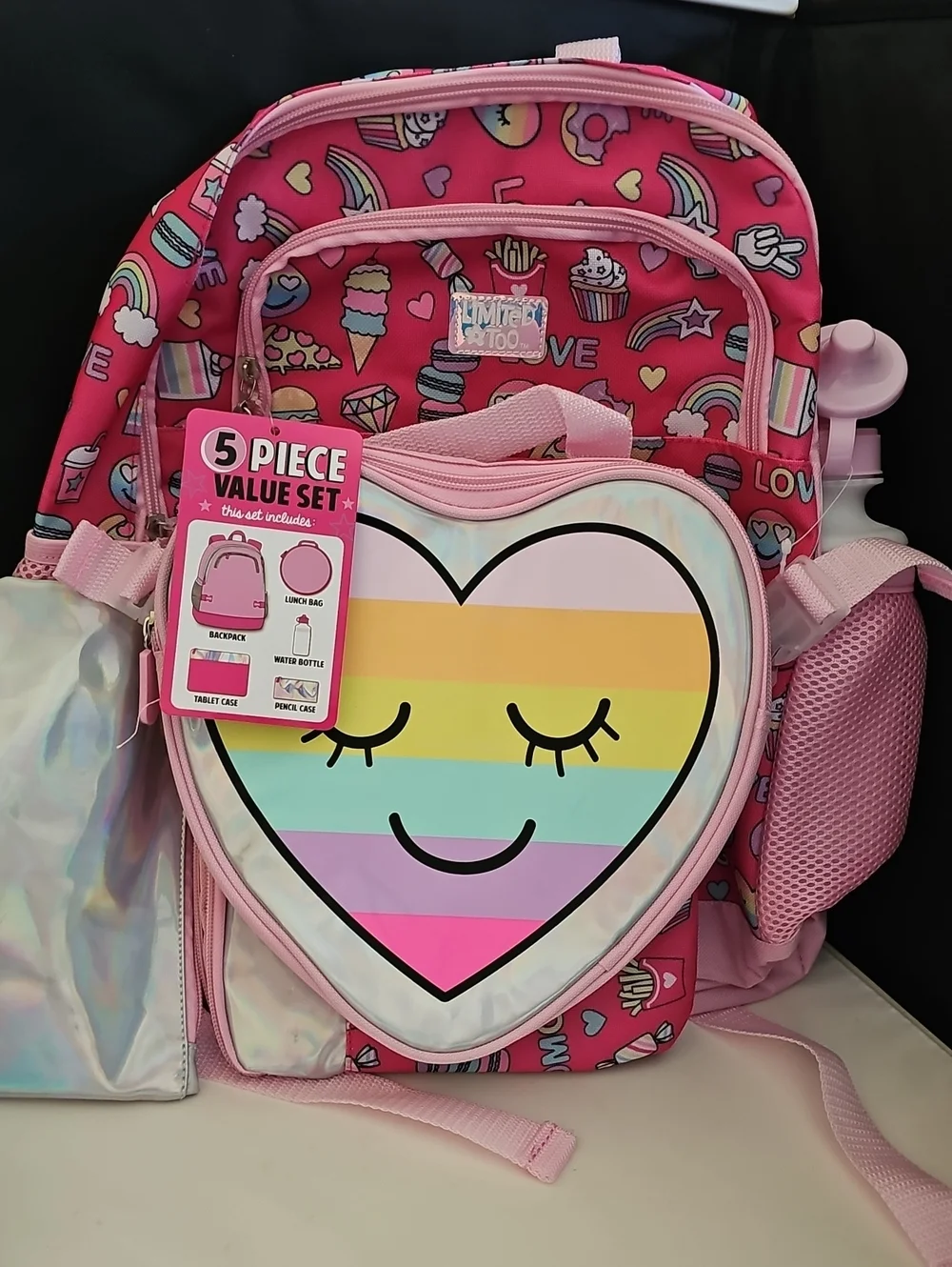 Limited Too Pink Rainbow Heart 5 Piece Backpack School Set NWT